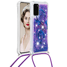 Silicone Candy Rubber TPU Bling-Bling Soft Case Cover with Lanyard Strap S02 for Samsung Galaxy S20 5G Purple