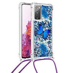 Silicone Candy Rubber TPU Bling-Bling Soft Case Cover with Lanyard Strap S02 for Samsung Galaxy S20 FE 4G Blue