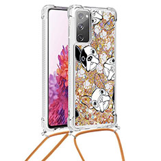 Silicone Candy Rubber TPU Bling-Bling Soft Case Cover with Lanyard Strap S02 for Samsung Galaxy S20 FE 4G Gold