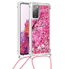 Silicone Candy Rubber TPU Bling-Bling Soft Case Cover with Lanyard Strap S02 for Samsung Galaxy S20 FE 4G Hot Pink