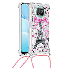 Silicone Candy Rubber TPU Bling-Bling Soft Case Cover with Lanyard Strap S02 for Xiaomi Mi 10T Lite 5G Pink