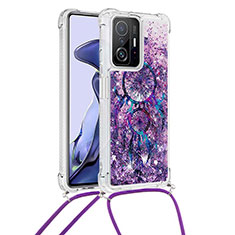 Silicone Candy Rubber TPU Bling-Bling Soft Case Cover with Lanyard Strap S02 for Xiaomi Mi 11T Pro 5G Purple