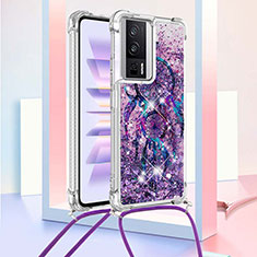 Silicone Candy Rubber TPU Bling-Bling Soft Case Cover with Lanyard Strap S02 for Xiaomi Poco F5 Pro 5G Purple