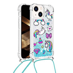 Silicone Candy Rubber TPU Bling-Bling Soft Case Cover with Lanyard Strap S03 for Apple iPhone 13 Mint Blue