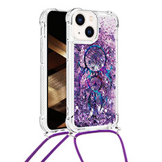 Silicone Candy Rubber TPU Bling-Bling Soft Case Cover with Lanyard Strap S03 for Apple iPhone 14 Plus Purple