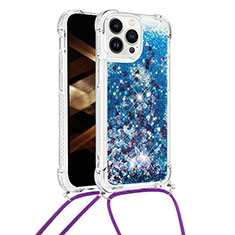 Silicone Candy Rubber TPU Bling-Bling Soft Case Cover with Lanyard Strap S03 for Apple iPhone 14 Pro Blue