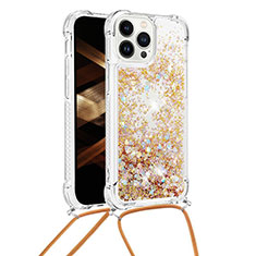 Silicone Candy Rubber TPU Bling-Bling Soft Case Cover with Lanyard Strap S03 for Apple iPhone 14 Pro Gold