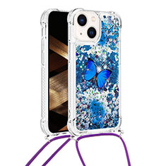 Silicone Candy Rubber TPU Bling-Bling Soft Case Cover with Lanyard Strap S03 for Apple iPhone 15 Blue