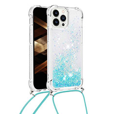 Silicone Candy Rubber TPU Bling-Bling Soft Case Cover with Lanyard Strap S03 for Apple iPhone 15 Pro Sky Blue