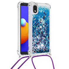 Silicone Candy Rubber TPU Bling-Bling Soft Case Cover with Lanyard Strap S03 for Samsung Galaxy A01 Core Blue