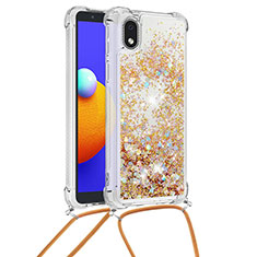 Silicone Candy Rubber TPU Bling-Bling Soft Case Cover with Lanyard Strap S03 for Samsung Galaxy A01 Core Gold