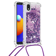 Silicone Candy Rubber TPU Bling-Bling Soft Case Cover with Lanyard Strap S03 for Samsung Galaxy A01 Core Purple