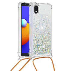 Silicone Candy Rubber TPU Bling-Bling Soft Case Cover with Lanyard Strap S03 for Samsung Galaxy A01 Core Silver