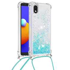 Silicone Candy Rubber TPU Bling-Bling Soft Case Cover with Lanyard Strap S03 for Samsung Galaxy A01 Core Sky Blue