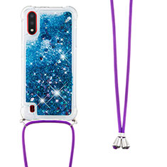 Silicone Candy Rubber TPU Bling-Bling Soft Case Cover with Lanyard Strap S03 for Samsung Galaxy A01 SM-A015 Blue