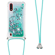 Silicone Candy Rubber TPU Bling-Bling Soft Case Cover with Lanyard Strap S03 for Samsung Galaxy A01 SM-A015 Green