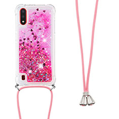 Silicone Candy Rubber TPU Bling-Bling Soft Case Cover with Lanyard Strap S03 for Samsung Galaxy A01 SM-A015 Hot Pink