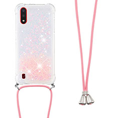 Silicone Candy Rubber TPU Bling-Bling Soft Case Cover with Lanyard Strap S03 for Samsung Galaxy A01 SM-A015 Pink