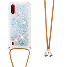 Silicone Candy Rubber TPU Bling-Bling Soft Case Cover with Lanyard Strap S03 for Samsung Galaxy A01 SM-A015 Silver