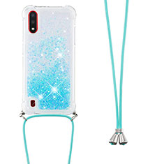 Silicone Candy Rubber TPU Bling-Bling Soft Case Cover with Lanyard Strap S03 for Samsung Galaxy A01 SM-A015 Sky Blue