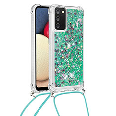 Silicone Candy Rubber TPU Bling-Bling Soft Case Cover with Lanyard Strap S03 for Samsung Galaxy A02s Green
