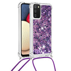 Silicone Candy Rubber TPU Bling-Bling Soft Case Cover with Lanyard Strap S03 for Samsung Galaxy A02s Purple