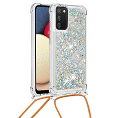 Silicone Candy Rubber TPU Bling-Bling Soft Case Cover with Lanyard Strap S03 for Samsung Galaxy A02s Silver