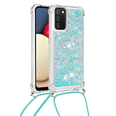 Silicone Candy Rubber TPU Bling-Bling Soft Case Cover with Lanyard Strap S03 for Samsung Galaxy A02s Sky Blue