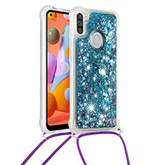 Silicone Candy Rubber TPU Bling-Bling Soft Case Cover with Lanyard Strap S03 for Samsung Galaxy A11 Blue