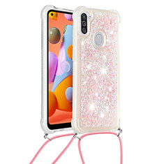 Silicone Candy Rubber TPU Bling-Bling Soft Case Cover with Lanyard Strap S03 for Samsung Galaxy A11 Pink