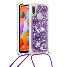 Silicone Candy Rubber TPU Bling-Bling Soft Case Cover with Lanyard Strap S03 for Samsung Galaxy A11 Purple