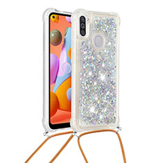 Silicone Candy Rubber TPU Bling-Bling Soft Case Cover with Lanyard Strap S03 for Samsung Galaxy A11 Silver