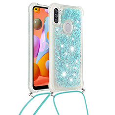 Silicone Candy Rubber TPU Bling-Bling Soft Case Cover with Lanyard Strap S03 for Samsung Galaxy A11 Sky Blue