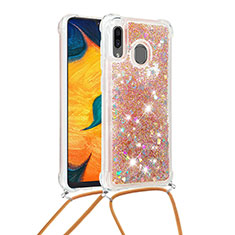 Silicone Candy Rubber TPU Bling-Bling Soft Case Cover with Lanyard Strap S03 for Samsung Galaxy A20 Gold