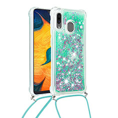 Silicone Candy Rubber TPU Bling-Bling Soft Case Cover with Lanyard Strap S03 for Samsung Galaxy A20 Green