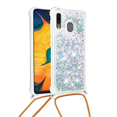 Silicone Candy Rubber TPU Bling-Bling Soft Case Cover with Lanyard Strap S03 for Samsung Galaxy A20 Silver