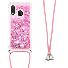 Silicone Candy Rubber TPU Bling-Bling Soft Case Cover with Lanyard Strap S03 for Samsung Galaxy A20e Hot Pink