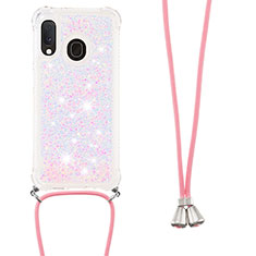 Silicone Candy Rubber TPU Bling-Bling Soft Case Cover with Lanyard Strap S03 for Samsung Galaxy A20e Pink