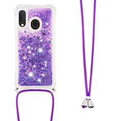 Silicone Candy Rubber TPU Bling-Bling Soft Case Cover with Lanyard Strap S03 for Samsung Galaxy A20e Purple