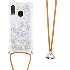 Silicone Candy Rubber TPU Bling-Bling Soft Case Cover with Lanyard Strap S03 for Samsung Galaxy A20e Silver