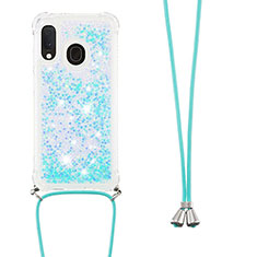 Silicone Candy Rubber TPU Bling-Bling Soft Case Cover with Lanyard Strap S03 for Samsung Galaxy A20e Sky Blue