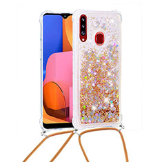 Silicone Candy Rubber TPU Bling-Bling Soft Case Cover with Lanyard Strap S03 for Samsung Galaxy A20s Gold