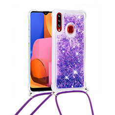 Silicone Candy Rubber TPU Bling-Bling Soft Case Cover with Lanyard Strap S03 for Samsung Galaxy A20s Purple