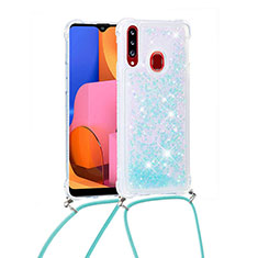 Silicone Candy Rubber TPU Bling-Bling Soft Case Cover with Lanyard Strap S03 for Samsung Galaxy A20s Sky Blue