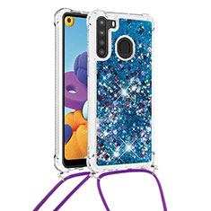 Silicone Candy Rubber TPU Bling-Bling Soft Case Cover with Lanyard Strap S03 for Samsung Galaxy A21 Blue