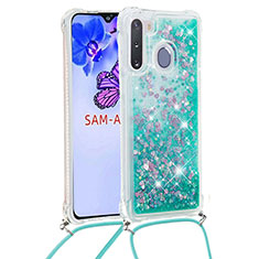 Silicone Candy Rubber TPU Bling-Bling Soft Case Cover with Lanyard Strap S03 for Samsung Galaxy A21 European Green