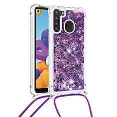 Silicone Candy Rubber TPU Bling-Bling Soft Case Cover with Lanyard Strap S03 for Samsung Galaxy A21 Purple