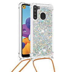 Silicone Candy Rubber TPU Bling-Bling Soft Case Cover with Lanyard Strap S03 for Samsung Galaxy A21 Silver
