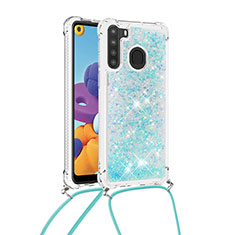 Silicone Candy Rubber TPU Bling-Bling Soft Case Cover with Lanyard Strap S03 for Samsung Galaxy A21 Sky Blue