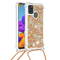 Silicone Candy Rubber TPU Bling-Bling Soft Case Cover with Lanyard Strap S03 for Samsung Galaxy A21s Gold
